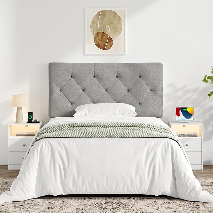Upholstered Twin Headboard, Twin Headboard Only for Bed Frame from 27”-41”, Adjustable Height Twin XL Headboard with Durable Wood Legs, Fabric Bed Headboard in Modern Button Design, Light Grey