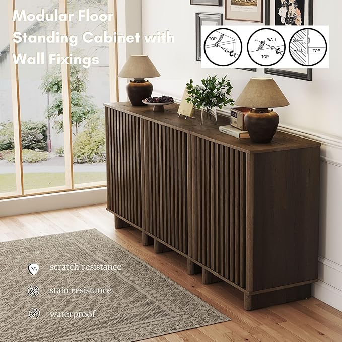 Sideboard Buffet Cabinet with Storage, Walnut Freestanding Floor Cabinet Farmhouse Sideboard with 2 Fluted Doors Wooden Hallway Cabinet Media Console Table Credenza for Living Room Dining Room, 3PCS