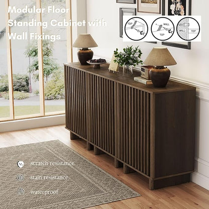 Sideboard Buffet Cabinet with Storage, Walnut Freestanding Floor Cabinet Farmhouse Sideboard with 2 Fluted Doors Wooden Hallway Cabinet Media Console Table Credenza for Living Room Dining Room, 3PCS