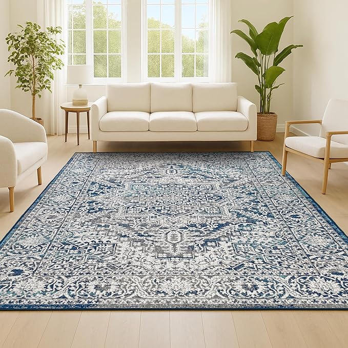 JONATHAN Y Modern Vintage Medallion Navy/Light Gray Indoor Area Rug, 8x10, Country, Floral, Easy-Cleaning for Living Room, Bedroom, Kitchen, Pet Friendly, Non-Shedding (MDP100B-8)
