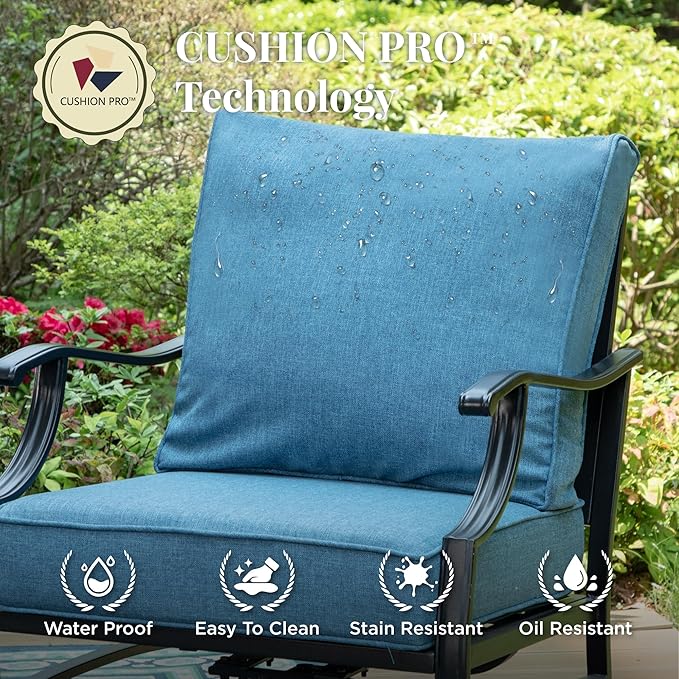 Patio Furniture Set, 6 Pcs Metal Outdoor Conversation Set, 2 Rocker Chairs, 2 Ottomans and 3 Seater Sofa with 5.75" Extra Thick Cushion and Gas Fire Pit Table, Navy Blue