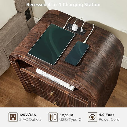 T4TREAM Fluted Nightstand with Charging Station, 24" Large 2 Drawers Bedside Table, Modern End Table with Storage Night Stand for Bedroom, Living Room, Round Curved Corner Design, Dark Walnut