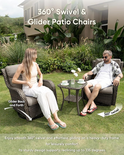 7-Piece Outdoor Wicker Patio Furniture Set with Swivel Glider Chairs, 3-Seat Sofa, Coffee Table & Ottomans 5” Olefin Cushions Ergonomic Neck-Lumbar Backrest All-Weather Rattan for Garden, Deck, Porch
