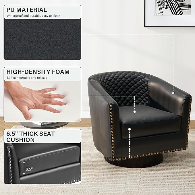 Pia Ricco Faux Leather Swivel Barrel Accent Chairs Set of 2, 360° Swivel Round Single Sofa Chair, Comfy Upholstered Club Armchair with Nailhead Trim for Living Room/Reading Room/Bedroom, Black