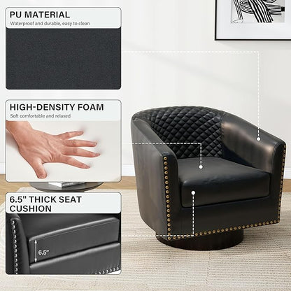 Pia Ricco Faux Leather Swivel Barrel Accent Chairs Set of 2, 360° Swivel Round Single Sofa Chair, Comfy Upholstered Club Armchair with Nailhead Trim for Living Room/Reading Room/Bedroom, Black