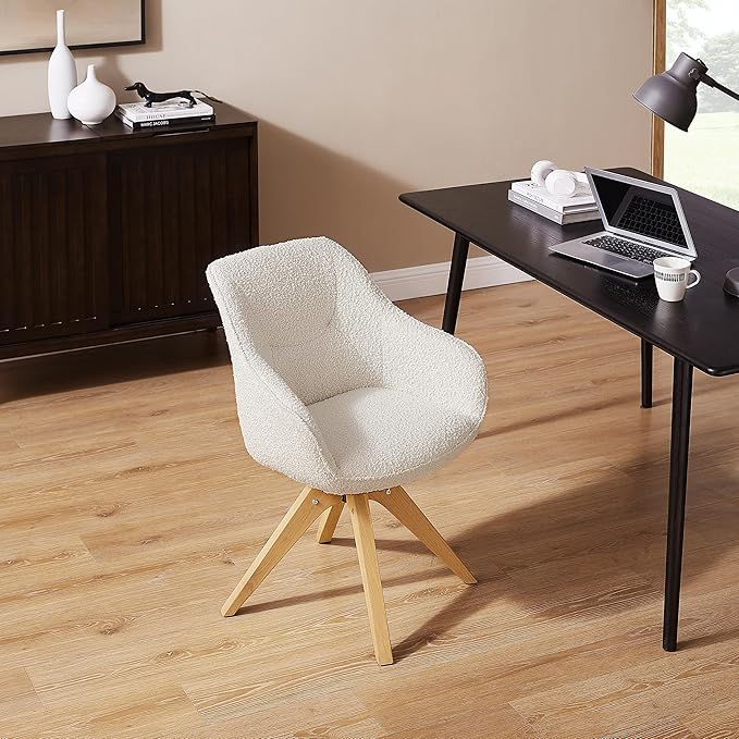 Zouron Desk Chair with Wooden Legs, Swivel Accent Chairs No Wheels, Modern Vanity Arm Chair for Small Space Home Office Living Room Bedroom, Ivory and Natural Wood