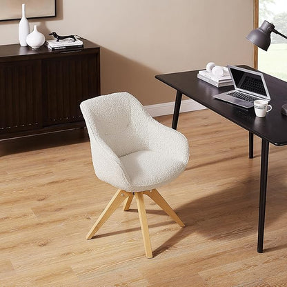 Zouron Desk Chair with Wooden Legs, Swivel Accent Chairs No Wheels, Modern Vanity Arm Chair for Small Space Home Office Living Room Bedroom, Ivory and Natural Wood