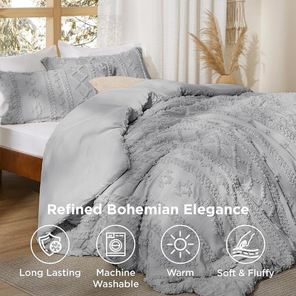 Bedsure Tufted Boho Comforter Set King Size - Light Grey Boho Bed Set, GentleSoft™ 3 Pieces Farmhouse Shabby Chic Embroidery Bedding, Gifts for Woman, Soft Jacquard King Comforter for All Seasons