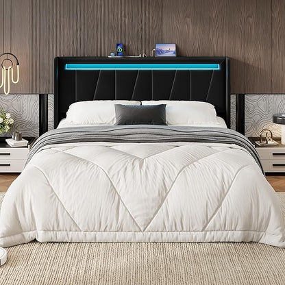 SHA CERLIN Full Size Bed Frame with Charging Station and LED Lights, Modern Velvet Platform Bed with Upholstered Geometric Wingback Headboard, No Box Spring Needed, Easy Assembly, Black