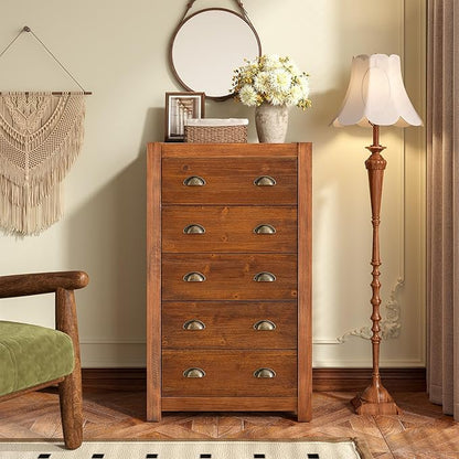 Vintage 5-Drawer Tall Dresser, Solid Wood Frame with Wood Veneer, Rustic Wooden Drawer Cabinet for Bedroom, Living Room, Dark Walnut, Dark Walnut