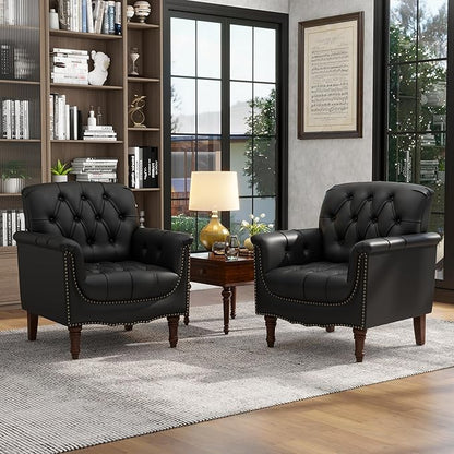 Lumibee Faux Leather Armchairs, Contemporary Accent Chairs Set of 2 with Nailhead Trims & Wood Legs for Living Room, Upholstered Comfy Arm Chairs for Office,Bedroom-Black