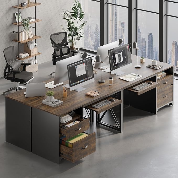 Bestier Office Desk with Drawers, 55 inch Industrial Computer Desk with Storage, Wood Teacher Desk with Keyboard Tray & File Drawer for Home Office, Rustic Brown