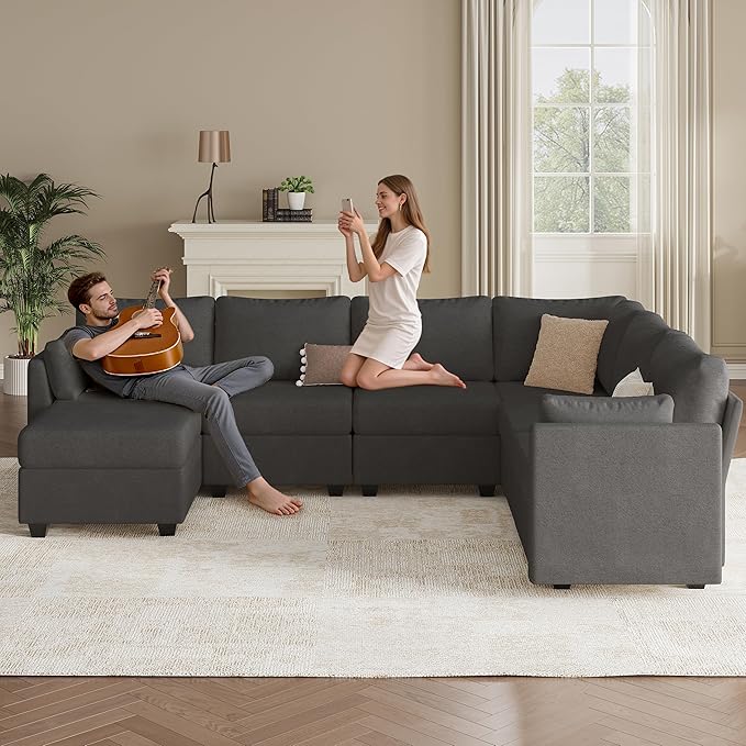Modular Sectional Sofa Couches, Large Convertible Modular Couches With Storage, 7-Seater Sectional Sofa For Living Room, U Shaped Sectional Couch Sleeper Sofa With Chaise (DarkGrey, 7 Seats)