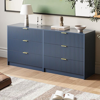 3-Piece Dresser Bedroom Set, 8 Drawer Dresser & 3 Drawer Nightstands with Gold Handles, Fluted Wood Chest of Drawers for Bedroom, Living Room, Entryway, Navy Blue