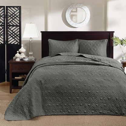 Madison Park Quebec Reversible Quilt Set Damask Design, Double Sided Stitching All Season, Lightweight Bedspread Bedding Set, Matching Sham, Dark Grey, King(120"x118") 3 Piece