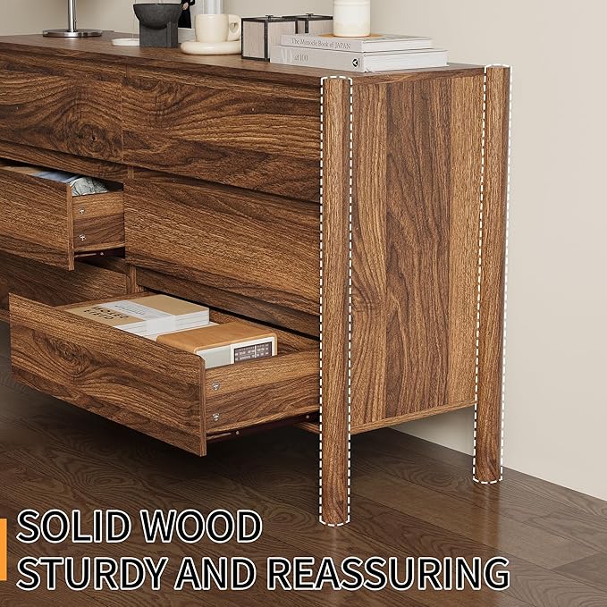 Dresser for Bedroom with 6 Drawers,47" Wide Walnut Dresser with 4 Solid Wood Legs, Wooden TV Stand,Closet Clothes Organizer for Bedroom, Hallway