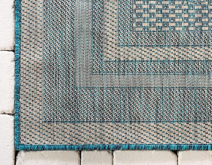 Unique Loom Outdoor Border Collection Area Rug - Soft Border (6' 1" x 9' Rectangle, Teal/ Ivory)