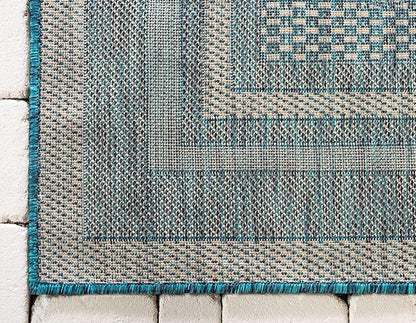 Unique Loom Outdoor Border Collection Area Rug - Soft Border (6' 1" x 9' Rectangle, Teal/ Ivory)