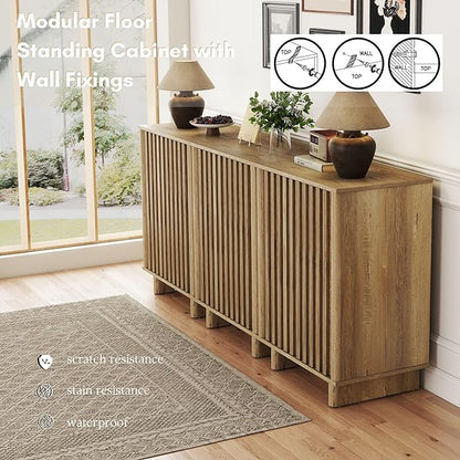 Sideboard Buffet Cabinet with Storage, Natural Freestanding Floor Cabinet Farmhouse Sideboard with 2 Fluted Doors Wooden Hallway Cabinet Media Console Table Credenza for Living Room Dining Room, 2PCS
