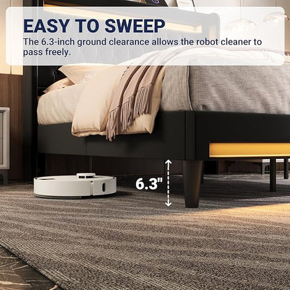 Allewie Upholstered Queen Size Platform Bed Frame with LED Light and Charging Station, Button Tufted High Headboard, Wingback Design, Noise Free, Easy Assembly, No Box Spring Needed, Black