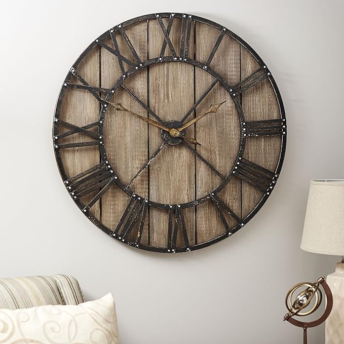 Household Essentials Household Essentials Large Oversized Decorative Rustic Wall Clock, Brown Wood / black Metal