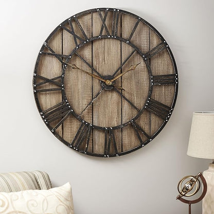 Household Essentials Household Essentials Large Oversized Decorative Rustic Wall Clock, Brown Wood / black Metal