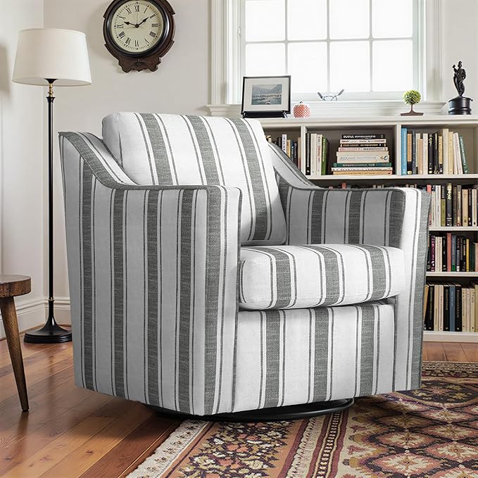Pia Ricco Set of 2 Oversized Modern Striped Fabric Swivel Accent Chairs with Removable Covers, Living Room Reception Set
