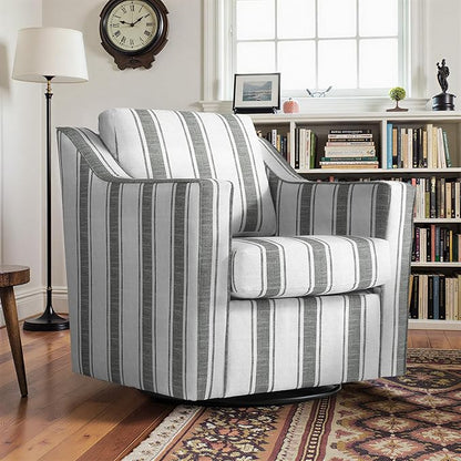 Pia Ricco Set of 2 Oversized Modern Striped Fabric Swivel Accent Chairs with Removable Covers, Living Room Reception Set