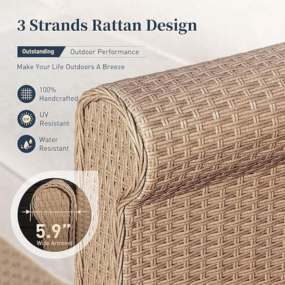 Patio Furniture Set 6 pcs, Wicker Rattan Sofa and Chairs with 5.5" Thick Waterproof Cushions, 56" Fire Pit Table, All Weather Outdoor Conversation Set for Backyard Deck, 7 Seats Beige