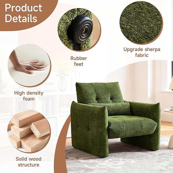 33.9" Accent Chairs, Modern Upgrade Sherpa Fabric Arm Chair Comfy Upholstered Armchair Leisure Single Sofa Chair with a Waist Pillow for Bedroom, Office and Living Room