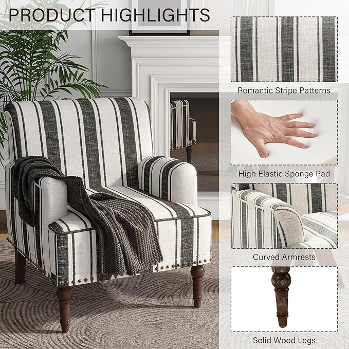 UIXE Stripe Accent Chairs Set of 2, Living Room Arm Chair Modern Nailhead Trim Club Armchair, Comfy Upholstered Sofa Lounge Seat Reading Seat Bedroom Side Seating for Home Office, Black