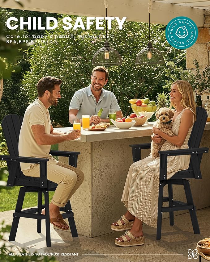 SERWALL 5-Piece Swivel Adirondack Bar Set, HDPE Swivel Bar Height Chairs Set of 4 with Bar Table, All-Weather Outdoor Barstools for Patio, Poolside, Garden, Black
