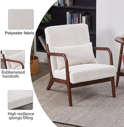 Accent Chairs, Set of 2 Mid-Century Modern Chair with Pillow, Armchair with Solid Wood, Reading Relaxing Leisure Chair for Living Room（White）