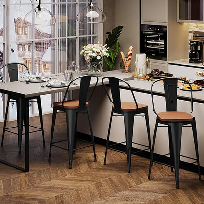 Aklaus Swivel Metal Bar Stools Set of 4 Counter Height Stools Counter Bar Stools with Back Swivel Metal Bar Chairs Wooded Seat 26 Inch Matte Black barstools