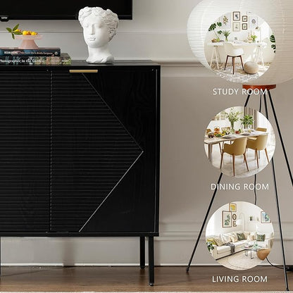 Sideboard Buffet Cabinet, Modern Storage Cabinets with Doors and Shelves, Wooden Fluted Cabinet for Living Room, Entryway, Kitchen(1, Embossed Black)