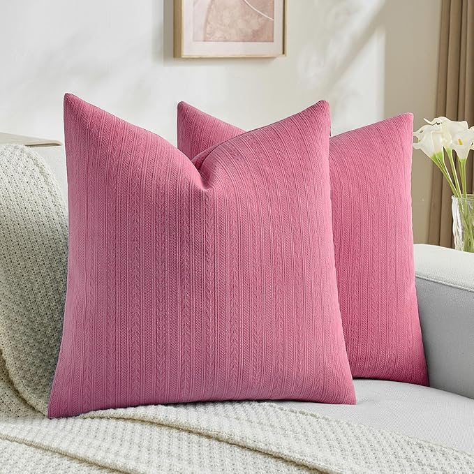 FUTEI Hot Pink Decorative Throw Pillow Covers 20x20 Inch Set of 2,Soft Cozy Wheat Ear Striped Patterns Cushion Cases,Modern Home Decor for Couch Bed Living Room
