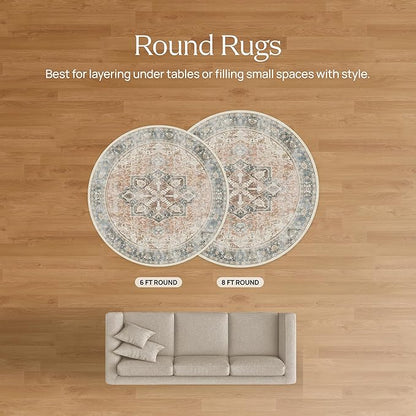 RUGGABLE Washable Vintage Area Rug – Kamran Royal Blue 6 ft Round, Stain-Resistant, Non-Slip – Medium Machine Washable Rugs for Living Room, Bedroom, Hallway, Entryway & Office–with Cushioned Pad