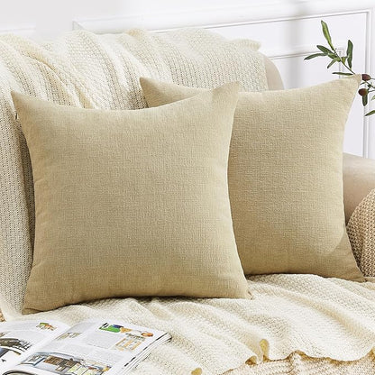 GAWAMAY Decorative Chenille Throw Pillow Covers 24x24 Inch Pack of 2, Soft Square Couch Pillow Cover for Sofa Cushion Living Room Bedroom Solid Dyed Pillowcases Khaki 60x60cm (ONLY Covers)