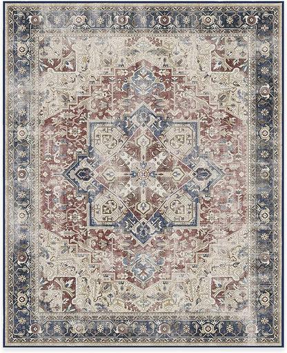 RUGGABLE Washable Vintage Area Rug – Kamran Royal Blue 8x10, Stain-Resistant, Non-Slip – Large Machine Washable Rugs for Living Room, Bedroom, Hallway, Entryway & Office–with Standard Pad