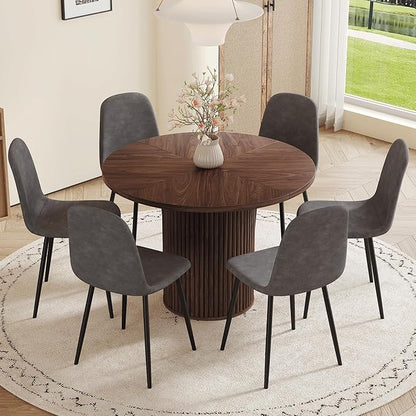 Round Dining Table Set for 6 with Storage, 42" Round Dining Table with 6 Fabric Chairs, 7 Piece Kitchen Table Chairs Set of 6 with Thick Wood Top, Roman Column Pedestal, Space-Saving