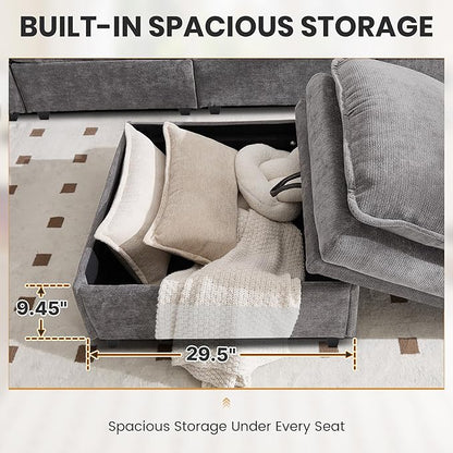 130" U Shaped Modular Sectional Sofa, Couch with Ottoman Storage, Chenille Cloud Couch with Plush Deep Seating for Living Room, Bedroom (8 Seat, Light Grey)