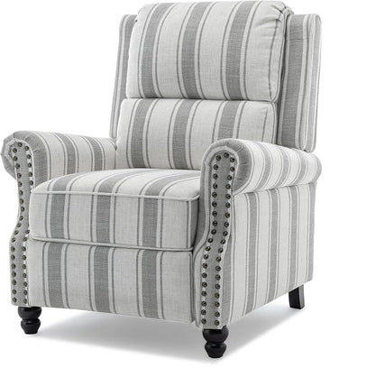 Pushback Recliner Chair, Comfy Fabric Wingback Recliner Chair, Upholstered Armchair Push Back Recliner with Wood Legs, Rivet Trim Single Sofa Accent Chair for Living Room, Bedroom, Gray Stripe