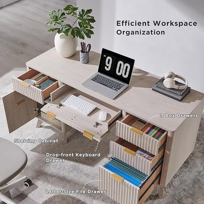 T4TREAM Modern Fluted Executive Desk with Drawers, 60" Home Office Computer Desk with Charging Station & Keyboard Tray, Alder White