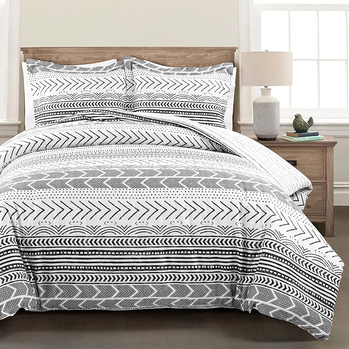 Lush Decor Hygge Geo Reversible 3 Piece Cotton Duvet Set, King, Black & White