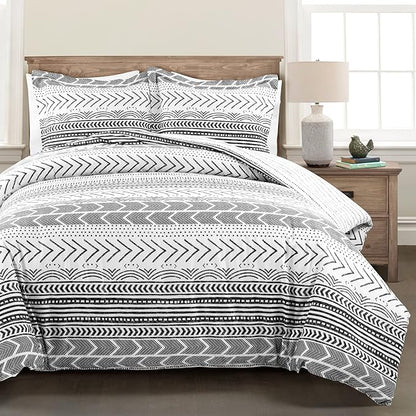 Lush Decor Hygge Geo Reversible 3 Piece Cotton Duvet Set, Full/Queen, Black & White