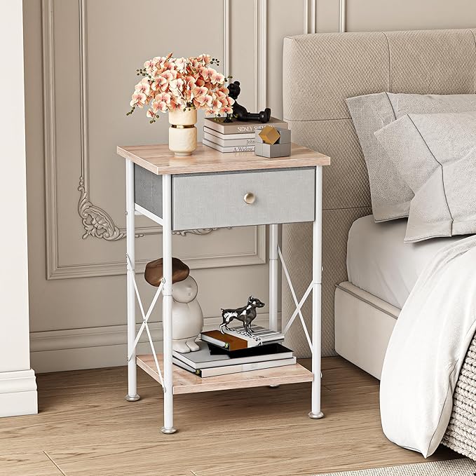 VECELO End Tables, Modern Nightstand with Fabric Drawer & Open Shelf, Night Stand for Bedroom Living Room, Industrial Metal Frame, Easy Assembly, Light Brown,1 Pack