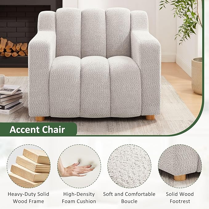 VANOMi Oversized Accent Chair, Modern Living Room Chairs, Comfy Boucle Fabric Upholstered Armchair for Bedroom, Office, Waiting Room (Beige)