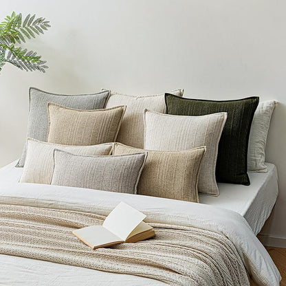 a moment Linen Pillow Covers Set of 2,Boho Farmhouse Throw Pillowcases Neutral Textured Decorative Covers for Couch Sofa, Linen Blend Accent Case Cushion Living Room Home Decor 22"x22" Beige Grey