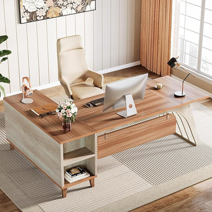 Tribesigns 78" Large L-Shaped Executive Desk, Modern Office Desk with Lateral File Cabinet and Drawer, Home Business Computer Workstation Set with Storage Shelves, Walnut & Oak