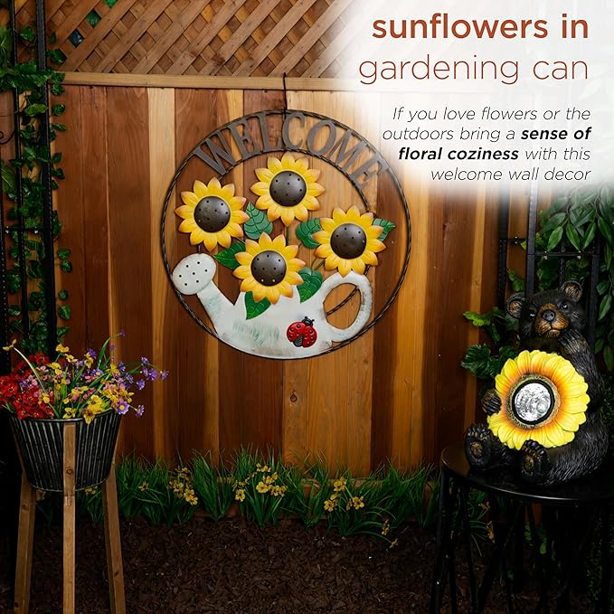 Alpine Corporation SCC580L Round Sunflowers Welcome Wall Decoration, Sign for Entryways, 30" H